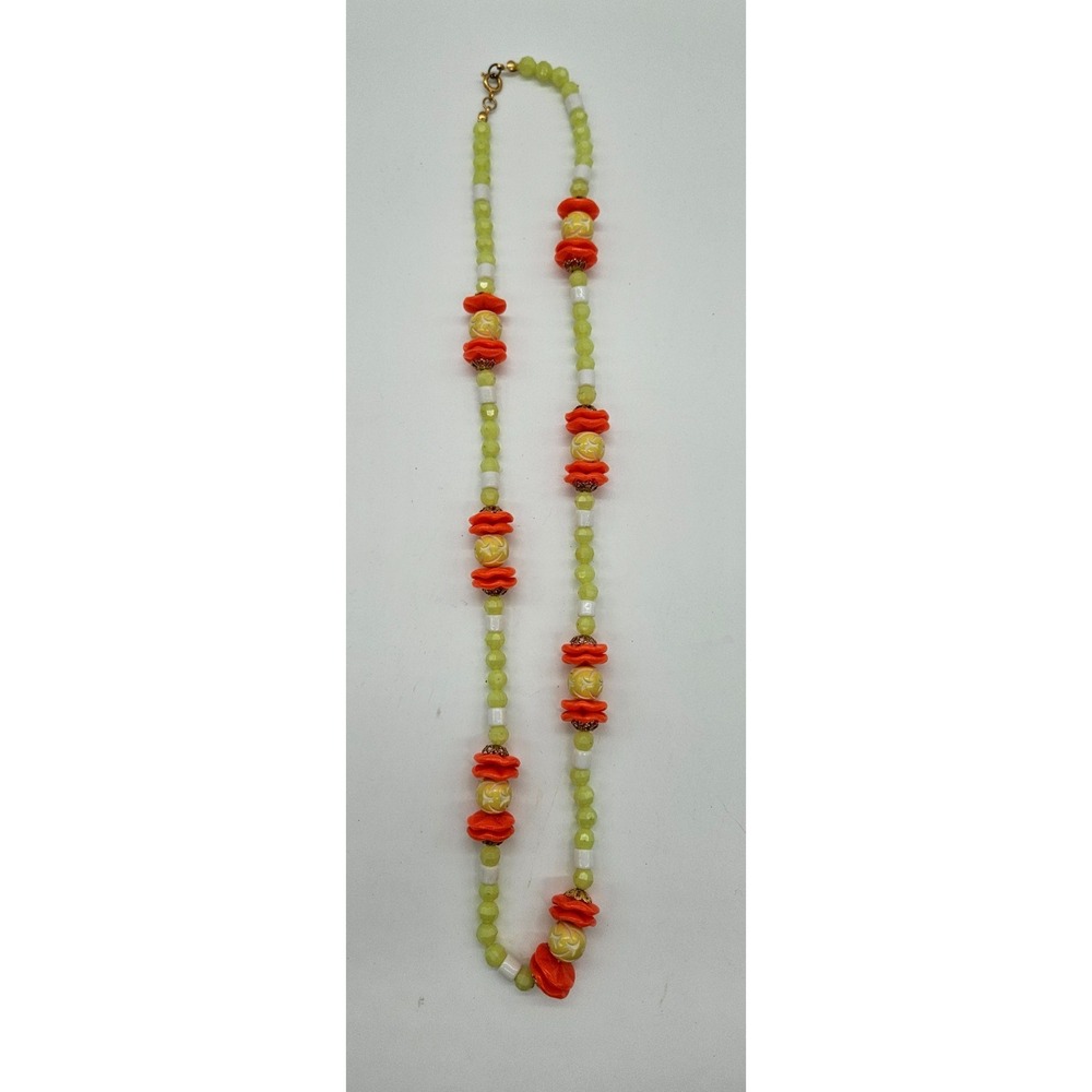 Vibrant Beaded Necklace Orange Yellow Green White Statement Chunky‎ Boho